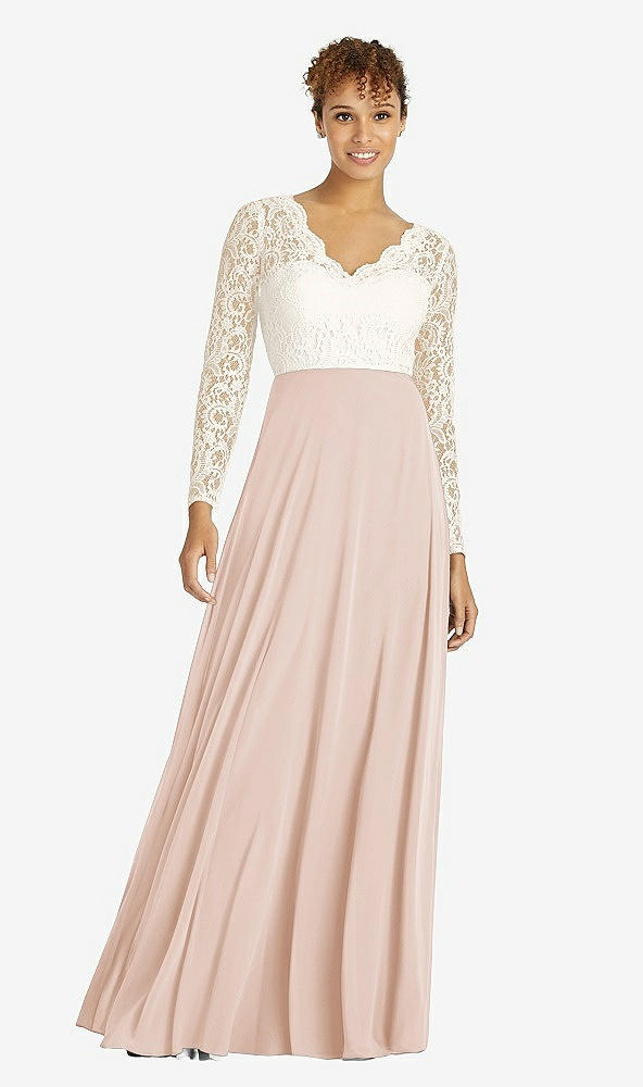 Front View - Cameo & Ivory Long Sleeve Illusion-Back Lace and Chiffon Dress