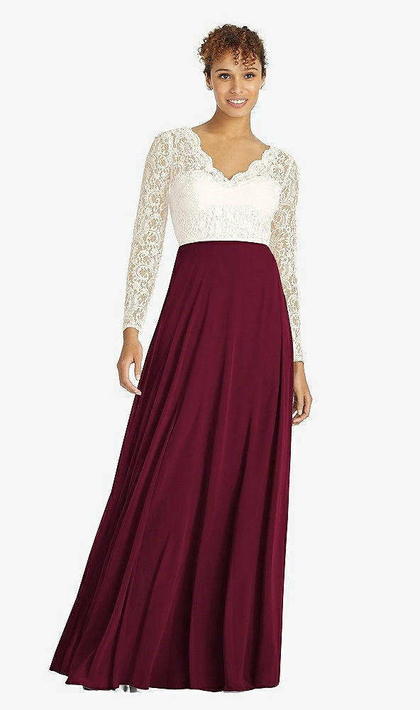 Front View - Cabernet & Ivory Long Sleeve Illusion-Back Lace and Chiffon Dress