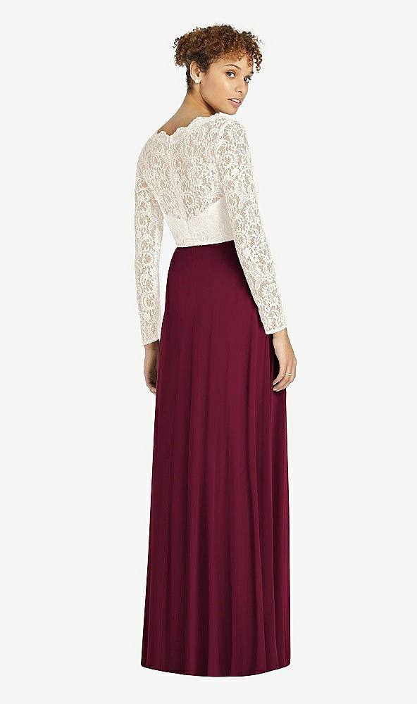 Back View - Cabernet & Ivory Long Sleeve Illusion-Back Lace and Chiffon Dress