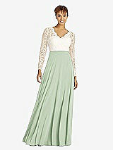 Front View Thumbnail - Celadon & Ivory Long Sleeve Illusion-Back Lace and Chiffon Dress