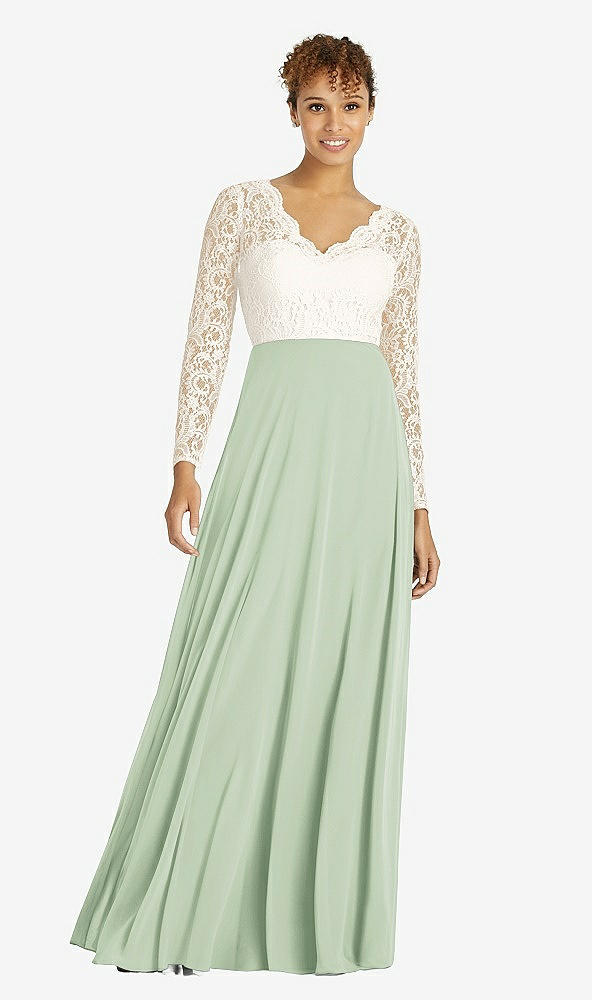 Front View - Celadon & Ivory Long Sleeve Illusion-Back Lace and Chiffon Dress