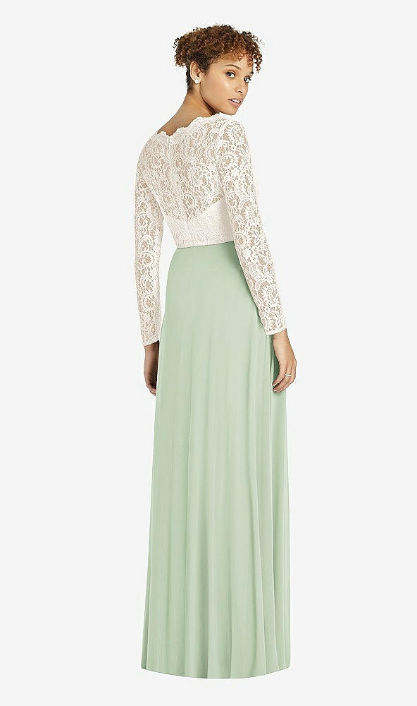Back View - Celadon & Ivory Long Sleeve Illusion-Back Lace and Chiffon Dress