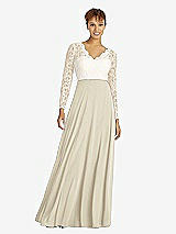 Front View Thumbnail - Champagne & Ivory Long Sleeve Illusion-Back Lace and Chiffon Dress