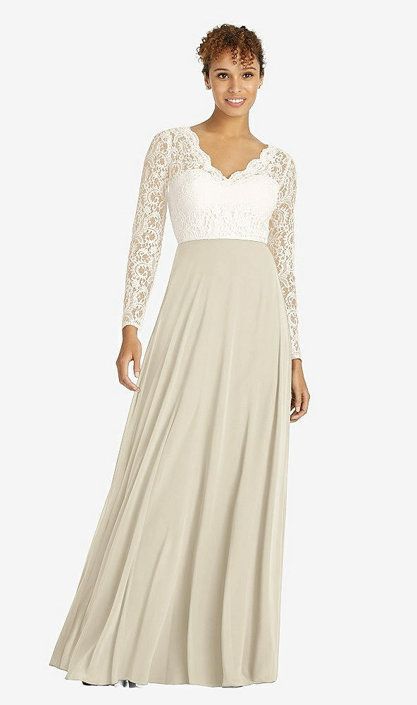 Front View - Champagne & Ivory Long Sleeve Illusion-Back Lace and Chiffon Dress
