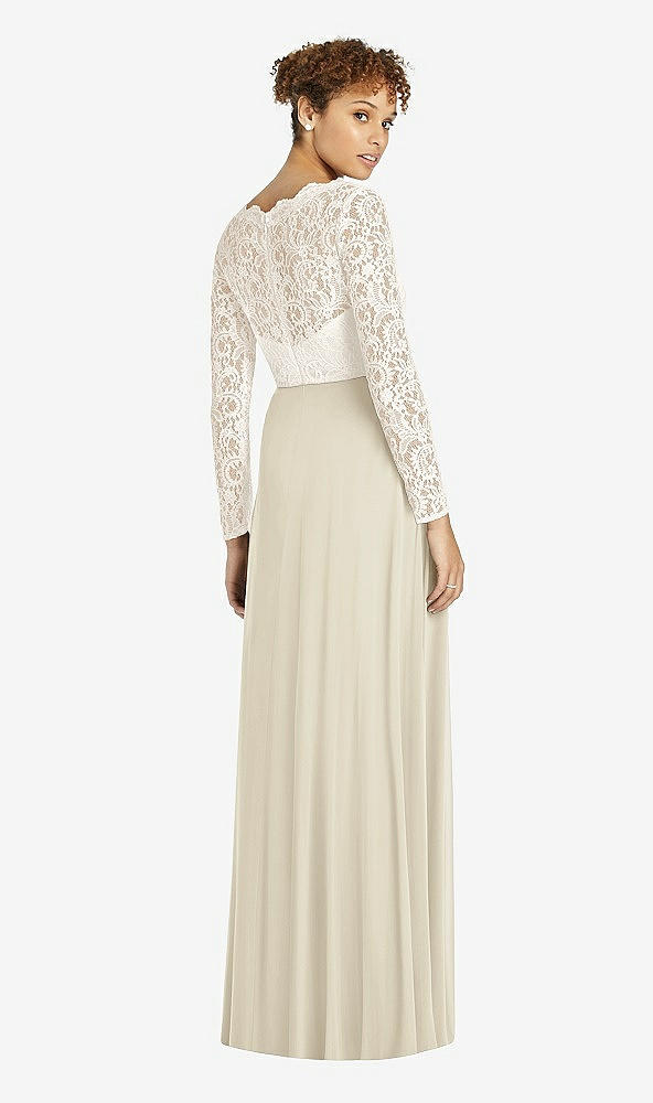 Back View - Champagne & Ivory Long Sleeve Illusion-Back Lace and Chiffon Dress