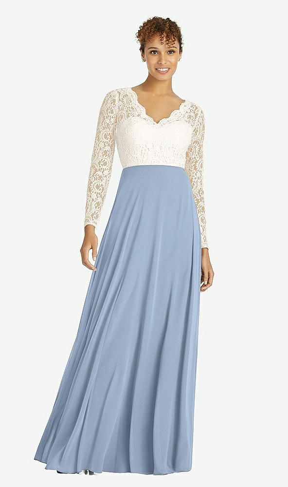 Front View - Cloudy & Ivory Long Sleeve Illusion-Back Lace and Chiffon Dress