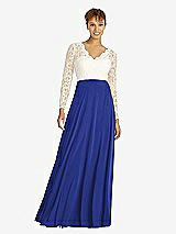 Front View Thumbnail - Cobalt Blue & Ivory Long Sleeve Illusion-Back Lace and Chiffon Dress