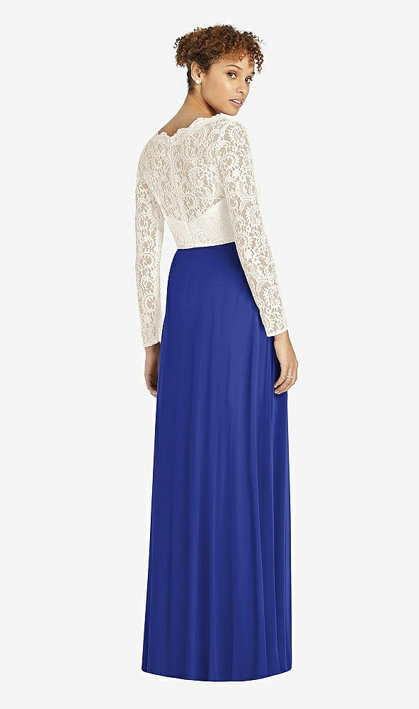 Back View - Cobalt Blue & Ivory Long Sleeve Illusion-Back Lace and Chiffon Dress
