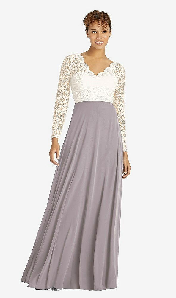 Front View - Cashmere Gray & Ivory Long Sleeve Illusion-Back Lace and Chiffon Dress