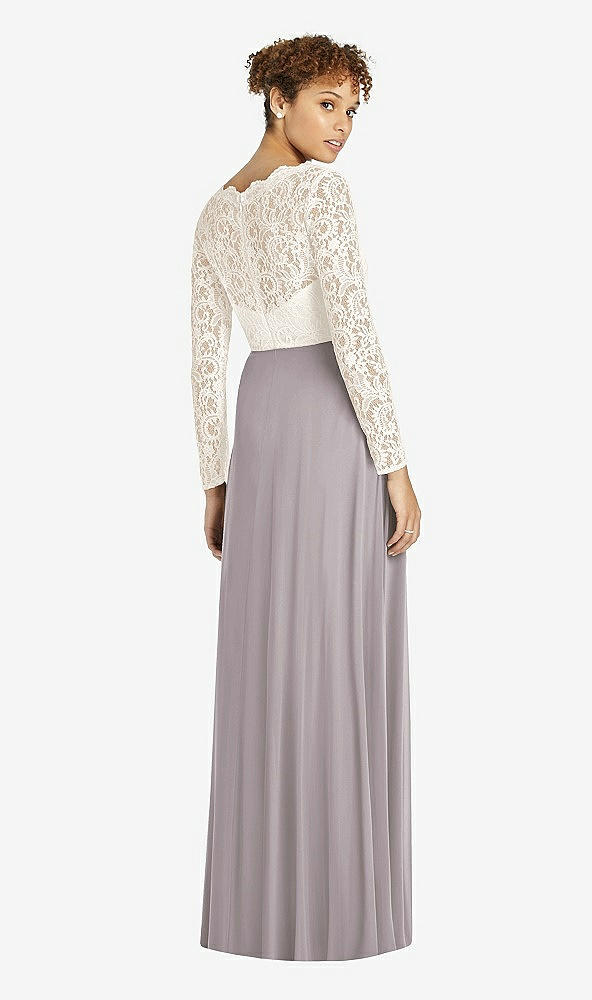 Back View - Cashmere Gray & Ivory Long Sleeve Illusion-Back Lace and Chiffon Dress