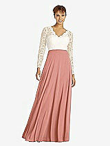 Front View Thumbnail - Desert Rose & Ivory Long Sleeve Illusion-Back Lace and Chiffon Dress
