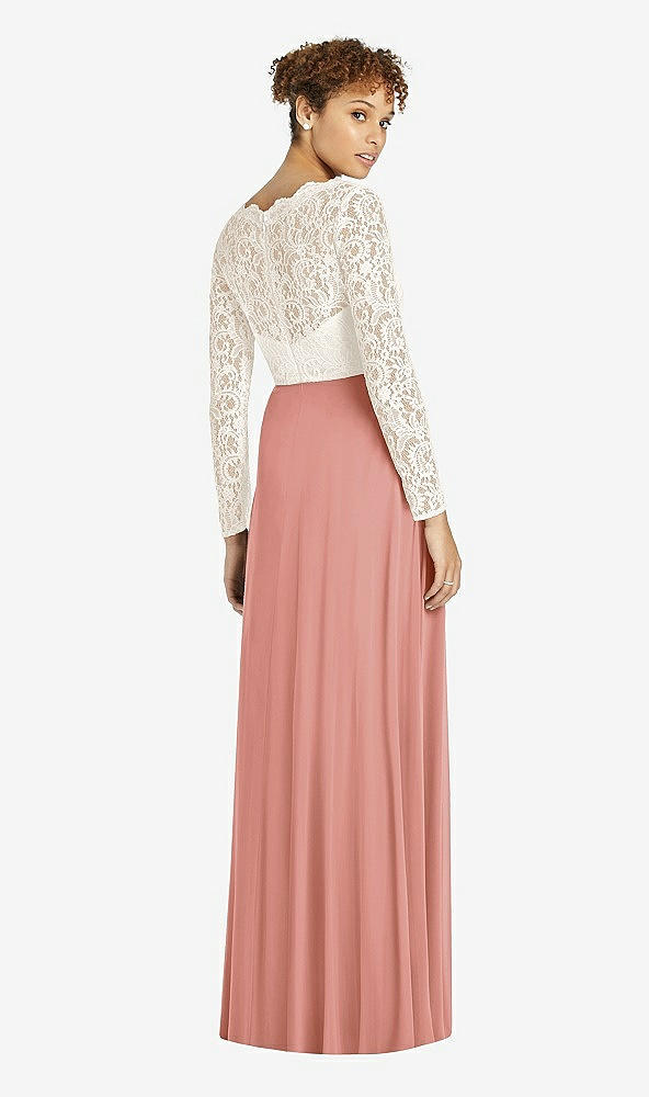 Back View - Desert Rose & Ivory Long Sleeve Illusion-Back Lace and Chiffon Dress