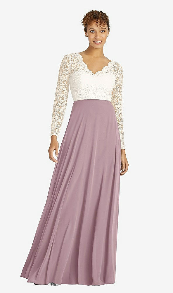 Front View - Dusty Rose & Ivory Long Sleeve Illusion-Back Lace and Chiffon Dress