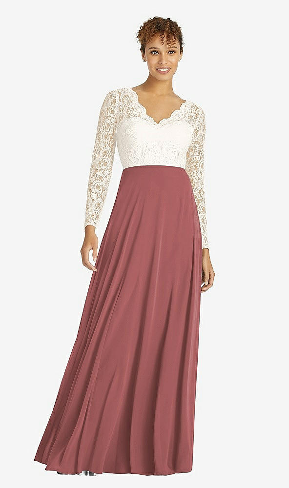 Front View - English Rose & Ivory Long Sleeve Illusion-Back Lace and Chiffon Dress