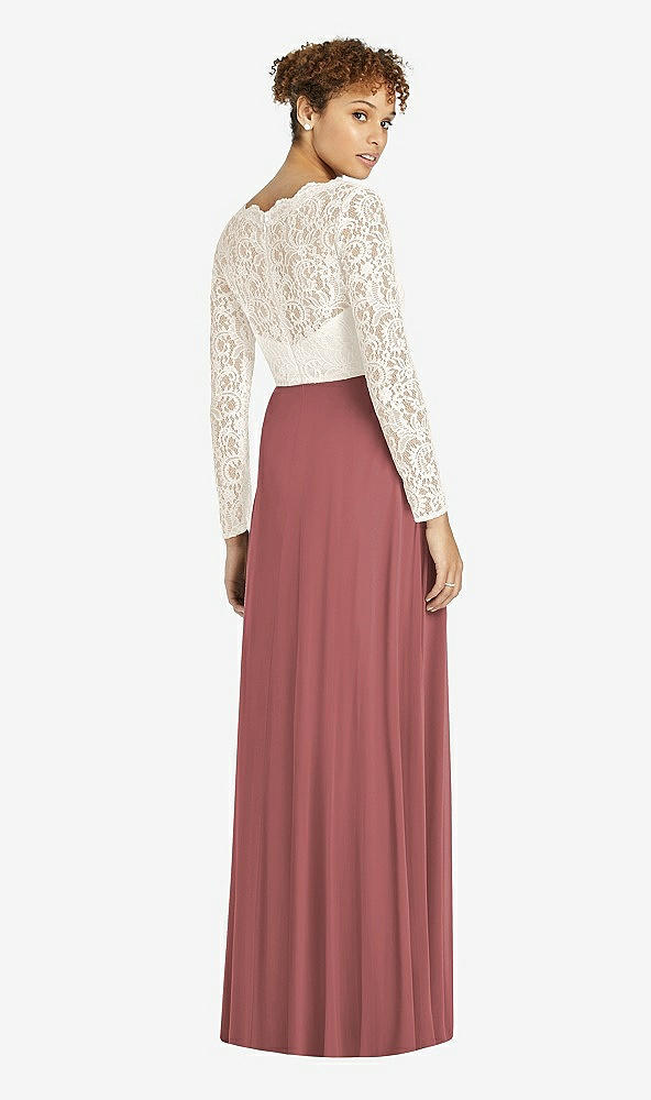 Back View - English Rose & Ivory Long Sleeve Illusion-Back Lace and Chiffon Dress