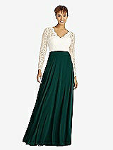 Front View Thumbnail - Evergreen & Ivory Long Sleeve Illusion-Back Lace and Chiffon Dress