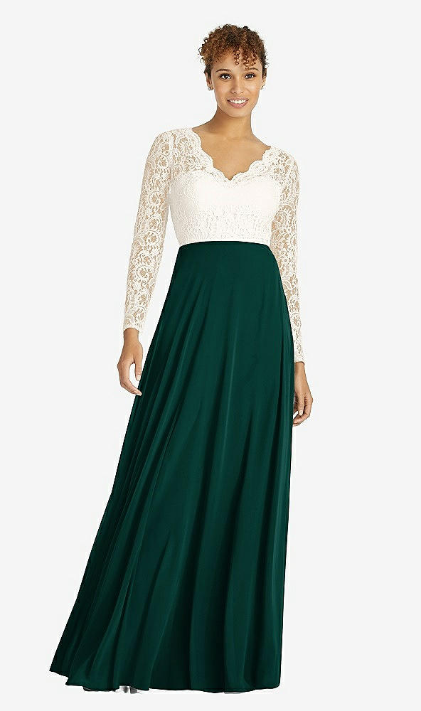 Front View - Evergreen & Ivory Long Sleeve Illusion-Back Lace and Chiffon Dress