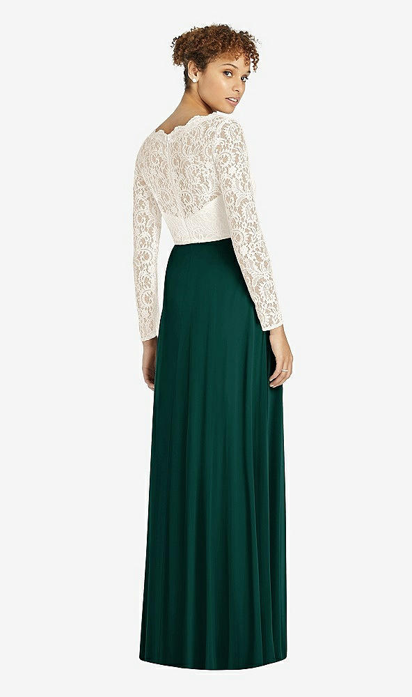 Back View - Evergreen & Ivory Long Sleeve Illusion-Back Lace and Chiffon Dress