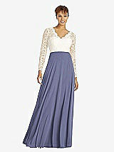 Front View Thumbnail - French Blue & Ivory Long Sleeve Illusion-Back Lace and Chiffon Dress