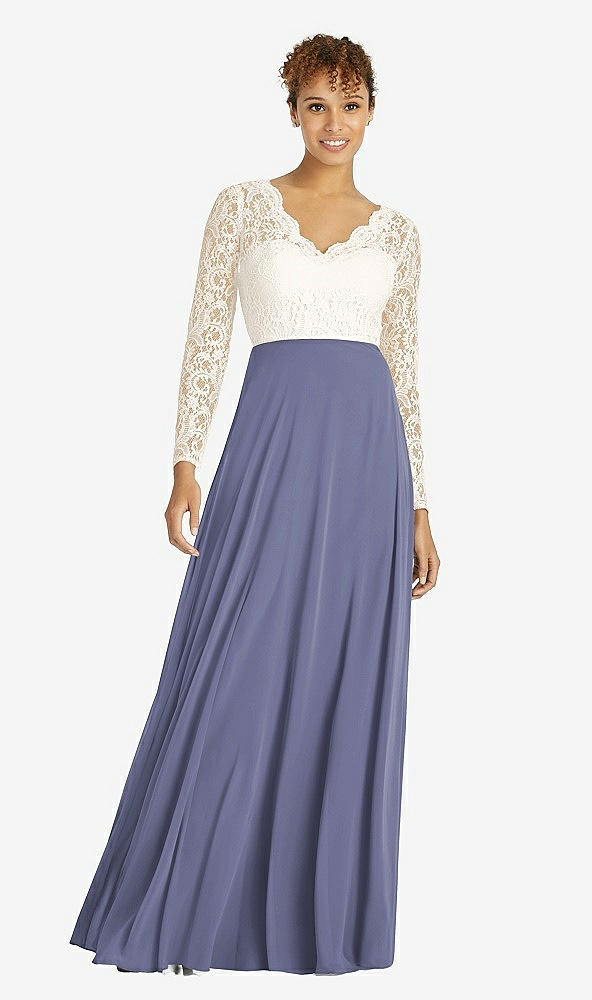 Front View - French Blue & Ivory Long Sleeve Illusion-Back Lace and Chiffon Dress