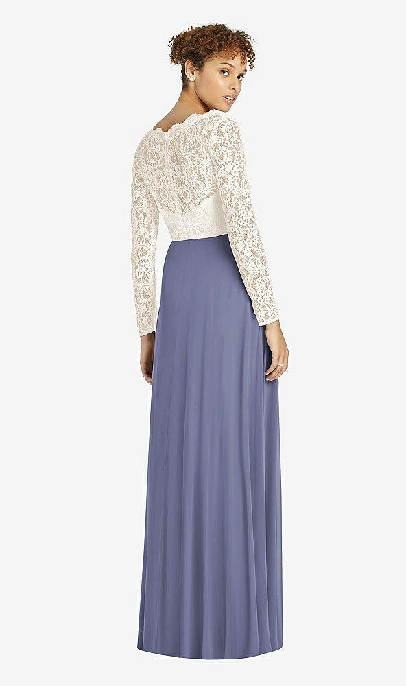 Back View - French Blue & Ivory Long Sleeve Illusion-Back Lace and Chiffon Dress