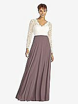Front View Thumbnail - French Truffle & Ivory Long Sleeve Illusion-Back Lace and Chiffon Dress