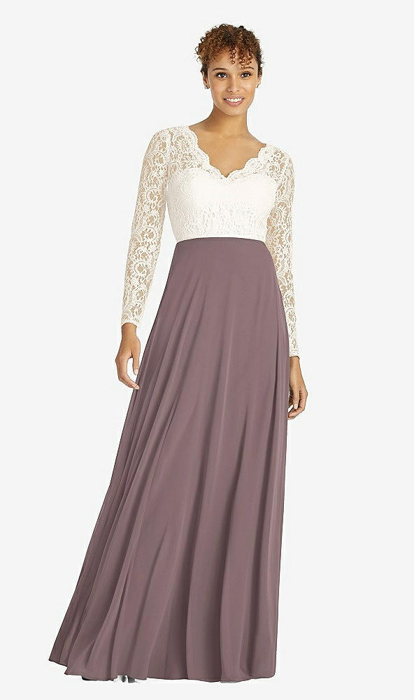 Front View - French Truffle & Ivory Long Sleeve Illusion-Back Lace and Chiffon Dress