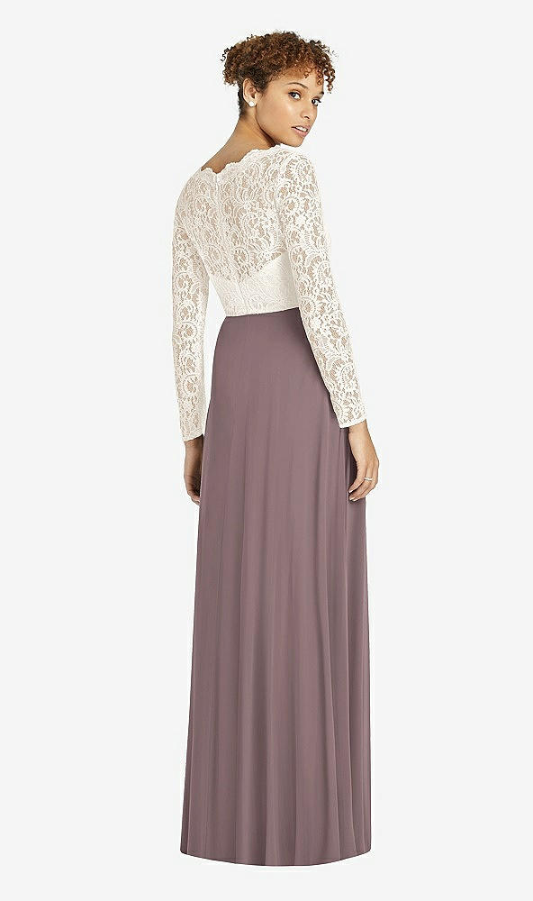 Back View - French Truffle & Ivory Long Sleeve Illusion-Back Lace and Chiffon Dress