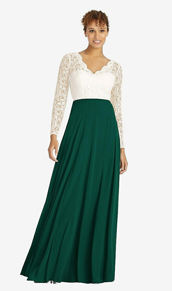 Front View - Hunter Green & Ivory Long Sleeve Illusion-Back Lace and Chiffon Dress