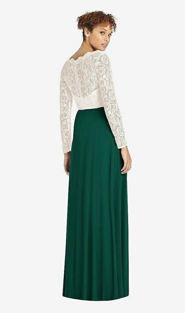 Back View - Hunter Green & Ivory Long Sleeve Illusion-Back Lace and Chiffon Dress