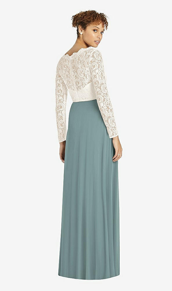 Back View - Icelandic & Ivory Long Sleeve Illusion-Back Lace and Chiffon Dress