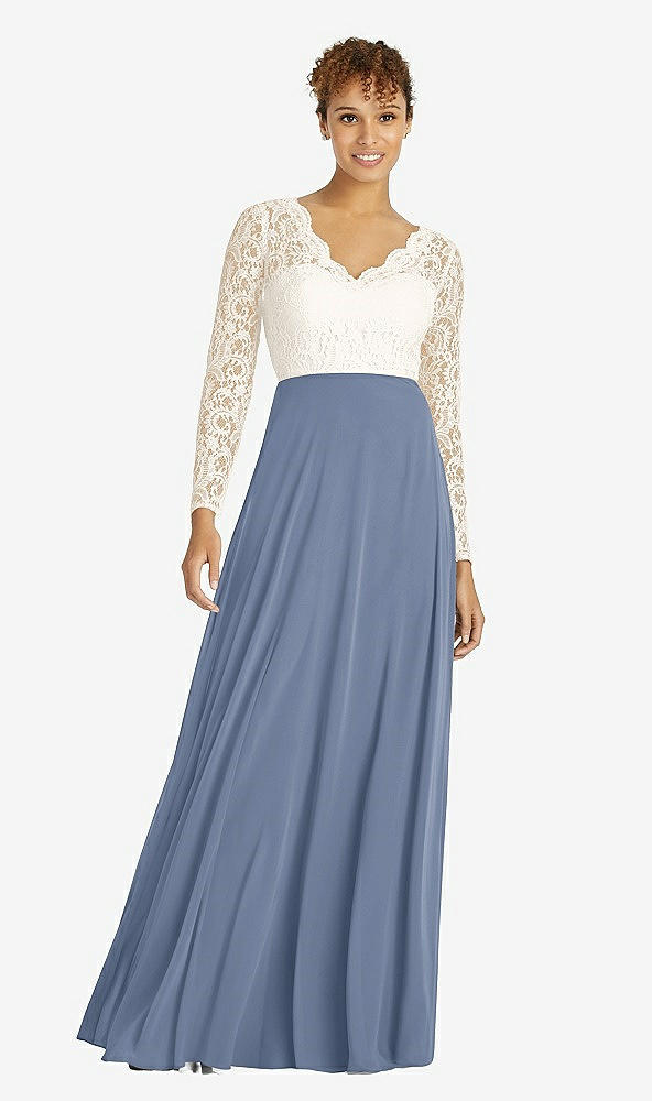 Front View - Larkspur Blue & Ivory Long Sleeve Illusion-Back Lace and Chiffon Dress
