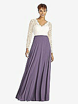 Front View Thumbnail - Lavender & Ivory Long Sleeve Illusion-Back Lace and Chiffon Dress