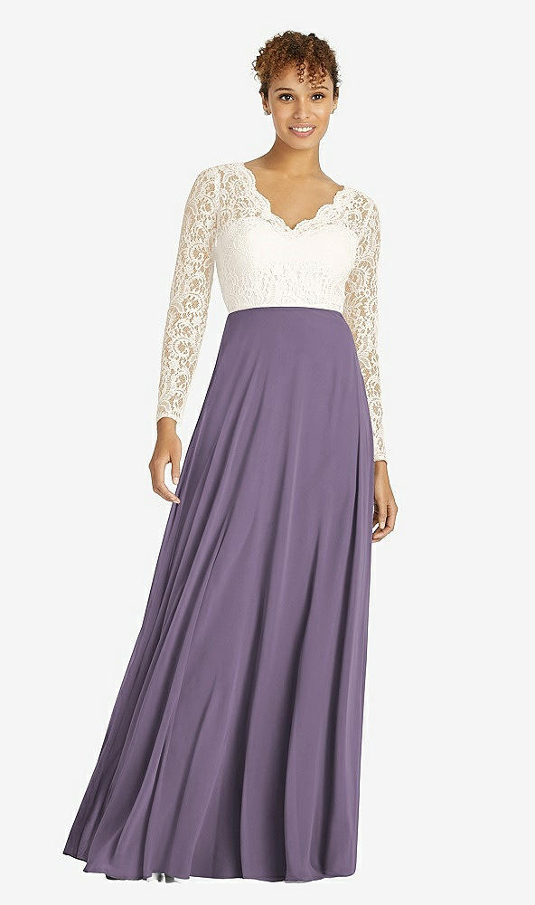 Front View - Lavender & Ivory Long Sleeve Illusion-Back Lace and Chiffon Dress
