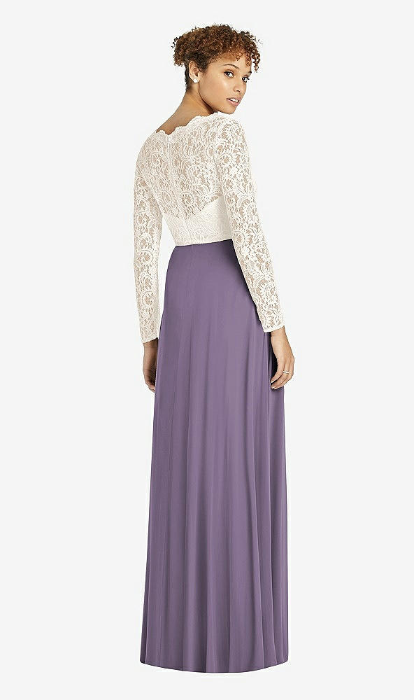 Back View - Lavender & Ivory Long Sleeve Illusion-Back Lace and Chiffon Dress