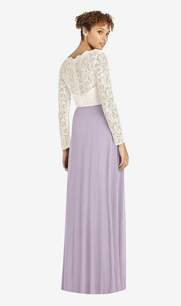 Back View - Lilac Haze & Ivory Long Sleeve Illusion-Back Lace and Chiffon Dress