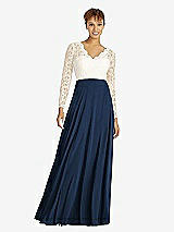 Front View Thumbnail - Midnight Navy & Ivory Long Sleeve Illusion-Back Lace and Chiffon Dress