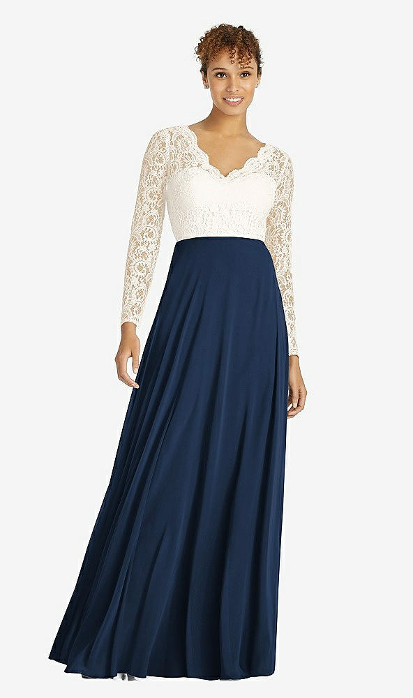 Front View - Midnight Navy & Ivory Long Sleeve Illusion-Back Lace and Chiffon Dress