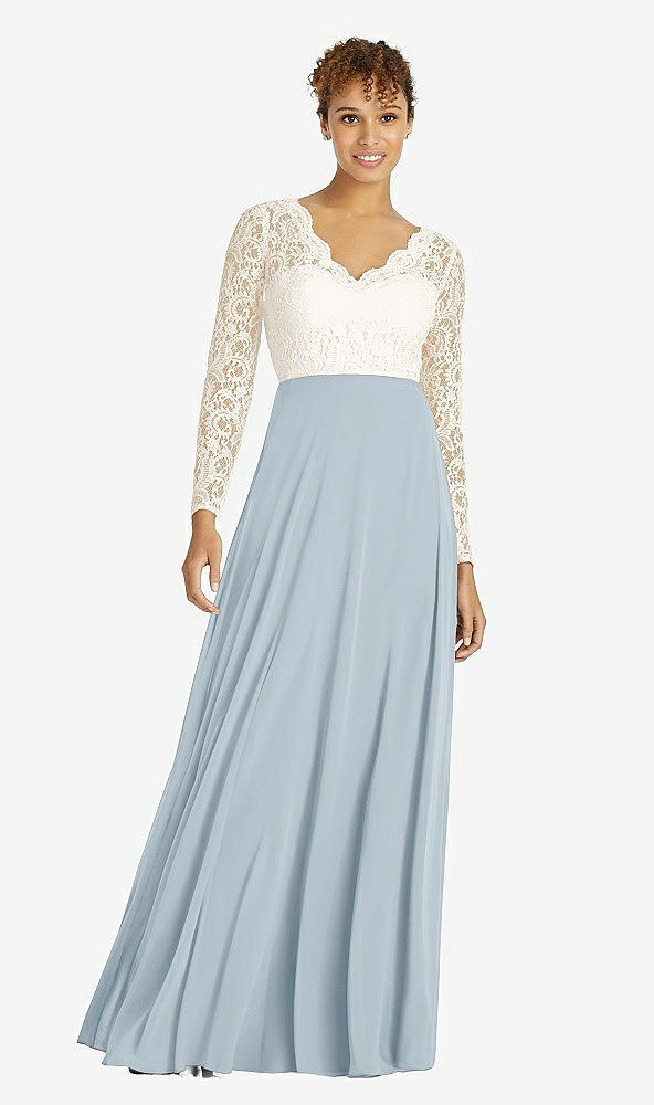 Front View - Mist & Ivory Long Sleeve Illusion-Back Lace and Chiffon Dress