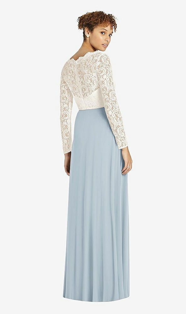 Back View - Mist & Ivory Long Sleeve Illusion-Back Lace and Chiffon Dress