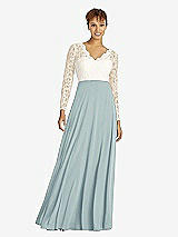 Front View Thumbnail - Morning Sky & Ivory Long Sleeve Illusion-Back Lace and Chiffon Dress