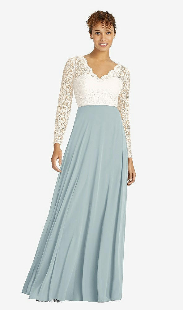Front View - Morning Sky & Ivory Long Sleeve Illusion-Back Lace and Chiffon Dress