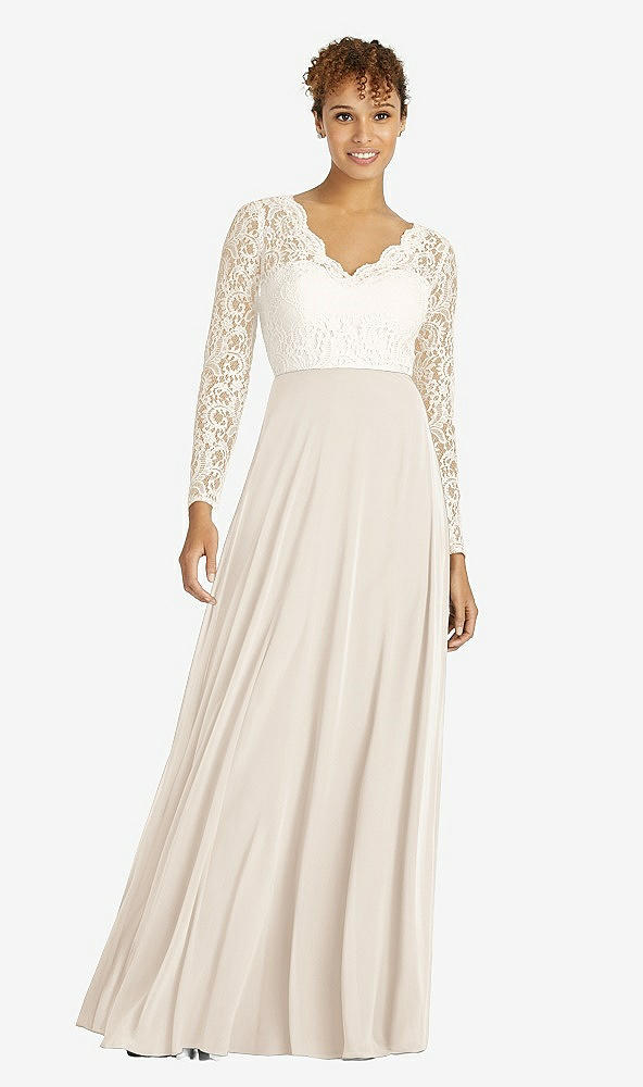 Front View - Oat & Ivory Long Sleeve Illusion-Back Lace and Chiffon Dress