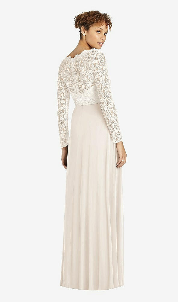 Back View - Oat & Ivory Long Sleeve Illusion-Back Lace and Chiffon Dress