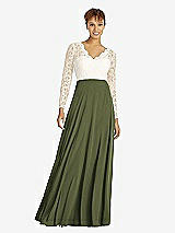 Front View Thumbnail - Olive Green & Ivory Long Sleeve Illusion-Back Lace and Chiffon Dress