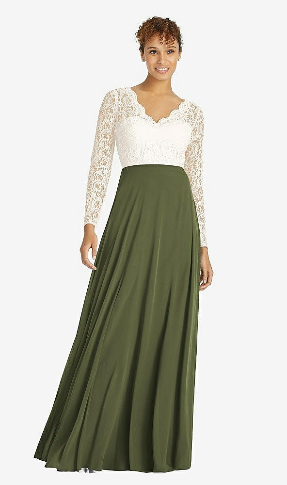 Front View - Olive Green & Ivory Long Sleeve Illusion-Back Lace and Chiffon Dress