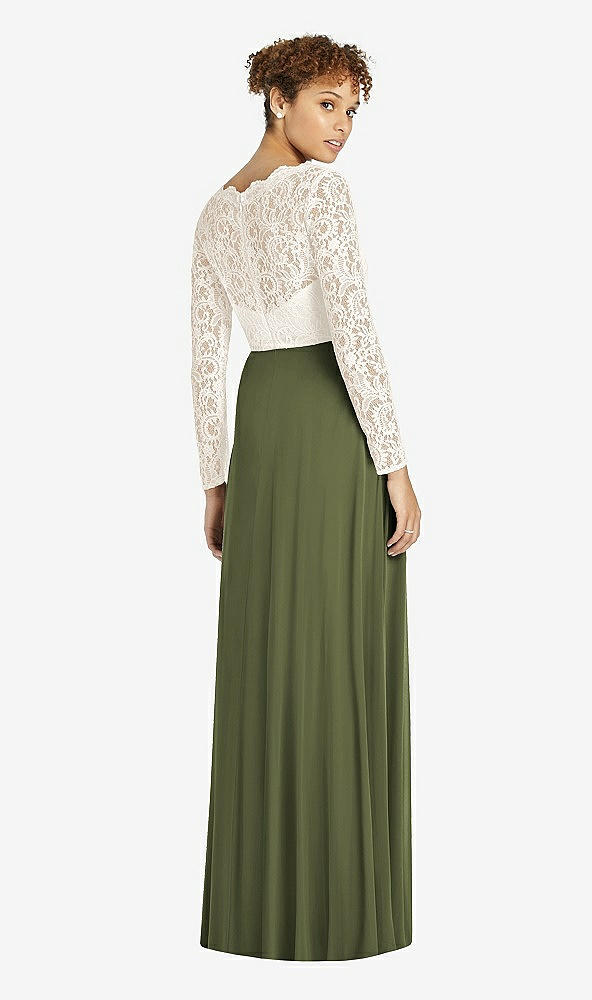 Back View - Olive Green & Ivory Long Sleeve Illusion-Back Lace and Chiffon Dress