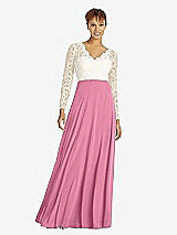 Front View Thumbnail - Orchid Pink & Ivory Long Sleeve Illusion-Back Lace and Chiffon Dress