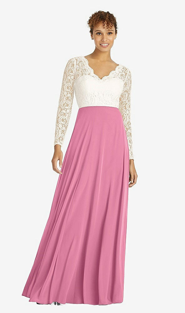 Front View - Orchid Pink & Ivory Long Sleeve Illusion-Back Lace and Chiffon Dress