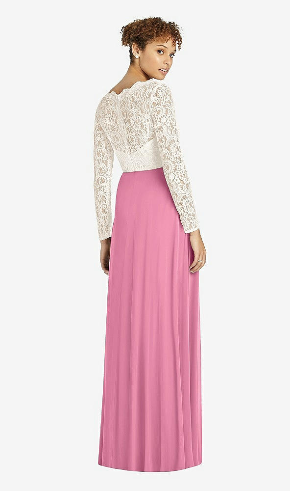 Back View - Orchid Pink & Ivory Long Sleeve Illusion-Back Lace and Chiffon Dress